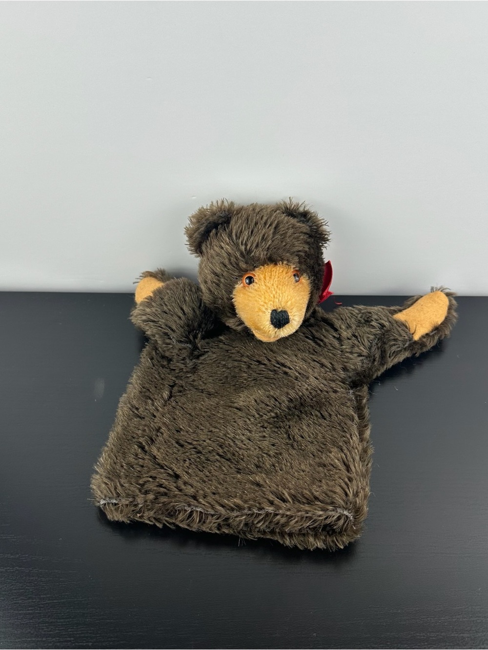 Steiff Germany Rare Hand Puppet Teddy Bear 8.5” Brown Tan Plush Red Bow